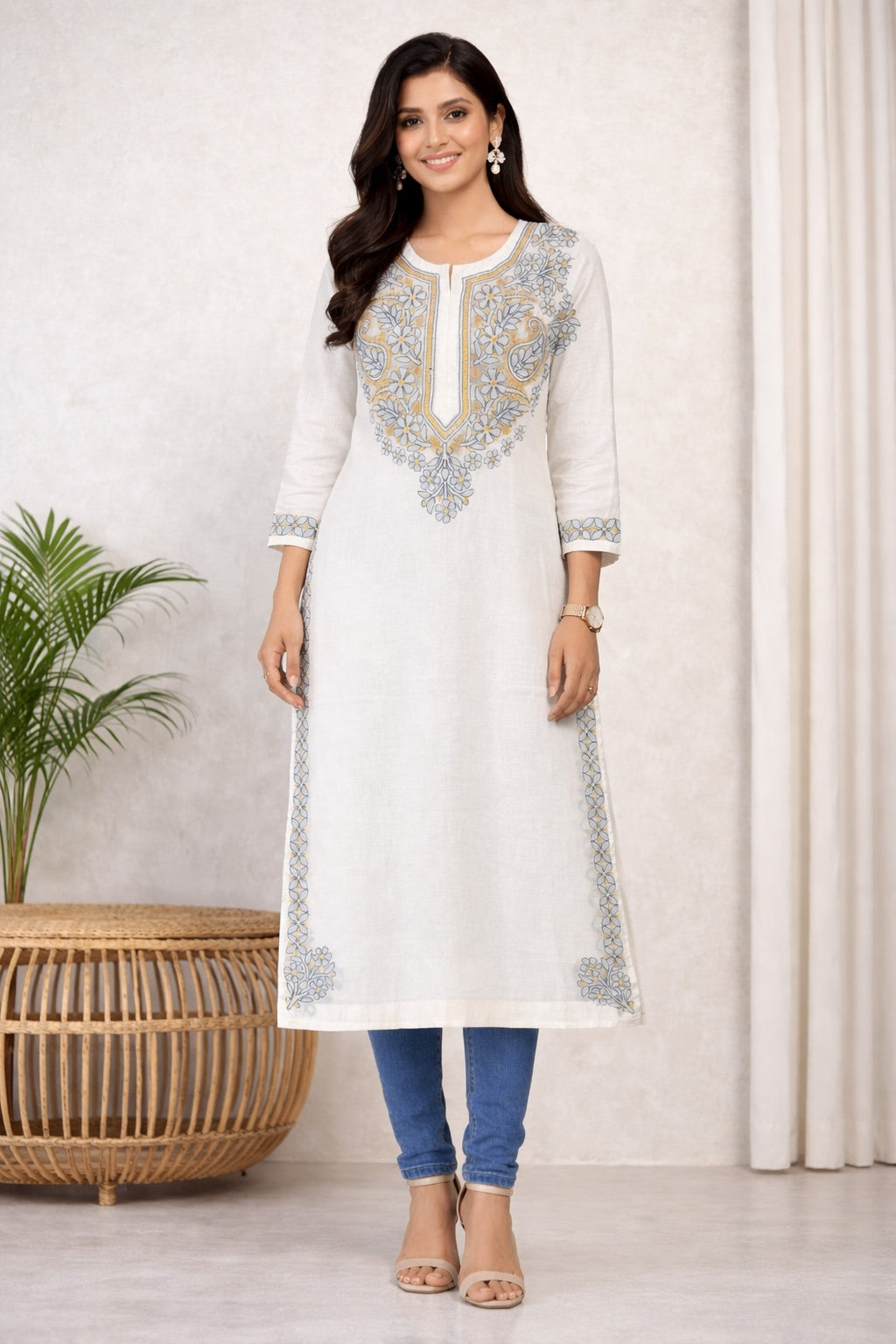 Karigiri Ivory Grey Lucknowi Chikankari Hand Embroidered Cotton Straight Kurta Kurti, 3/4 Sleeve, Calf Length Ethnic Wear for Women