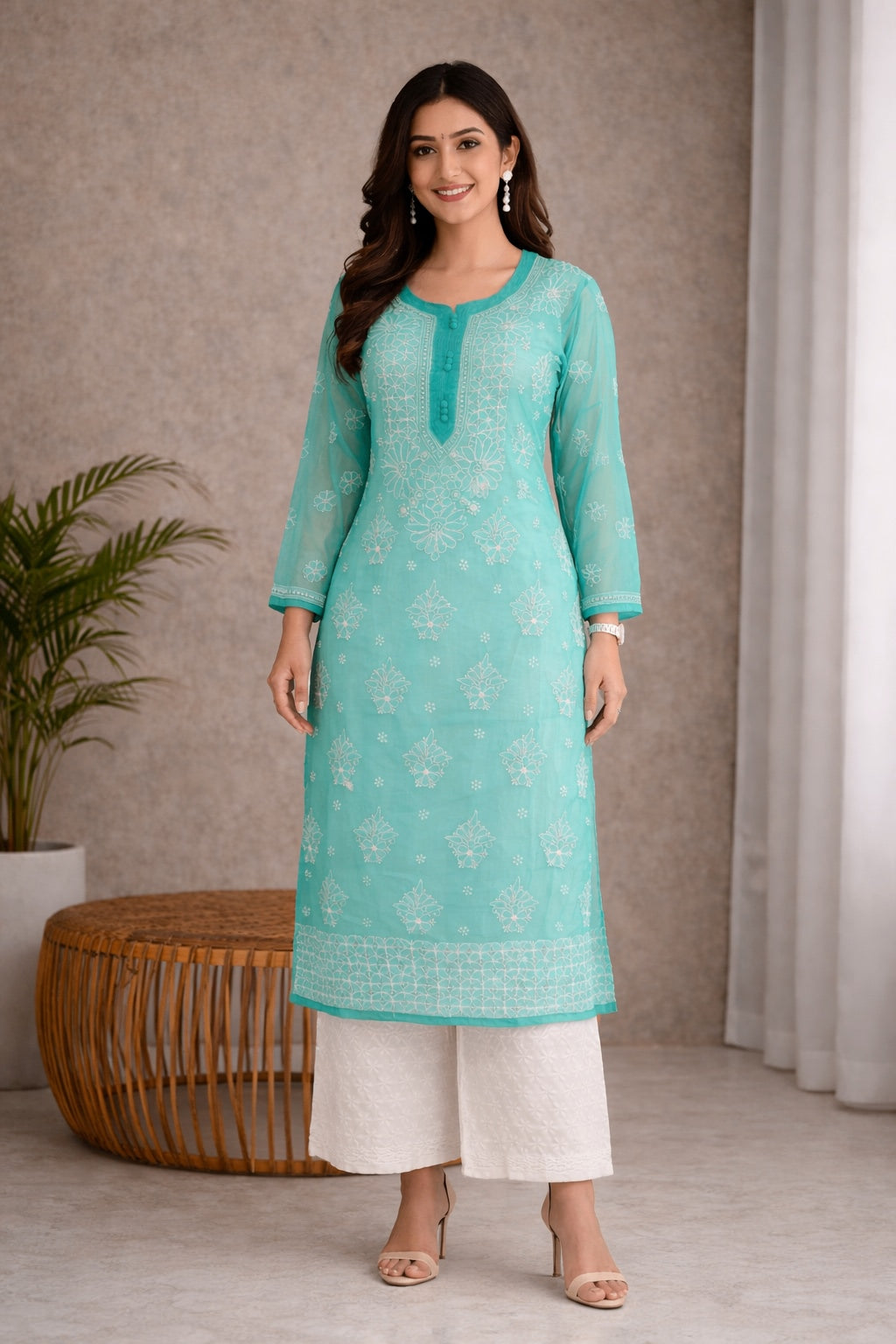 Karigiri Sea Green Chikankari Georgette Kurti Women_KF0176