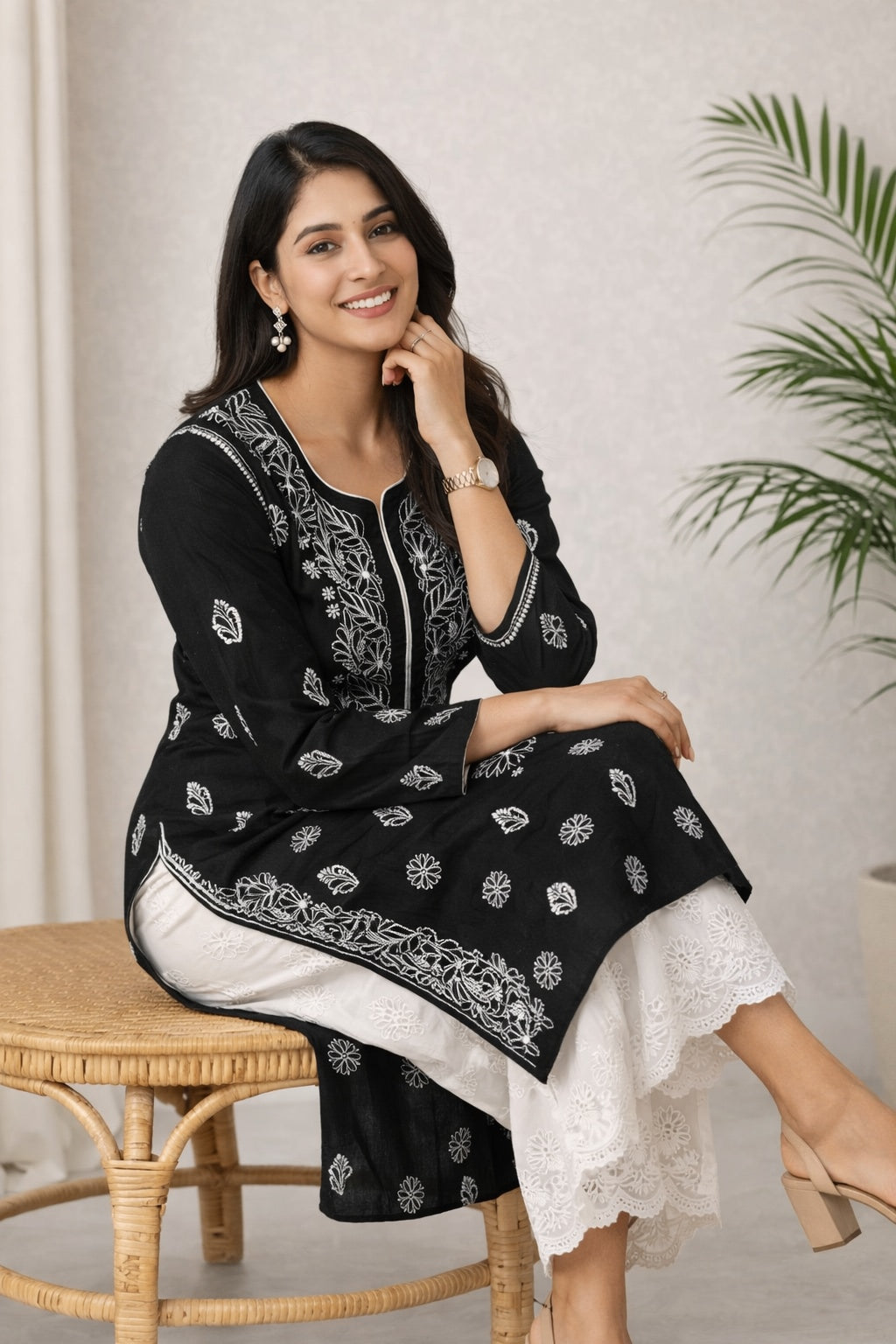 Karigiri Black Chikankari Rayon Cotton Kurti Women_KF0101