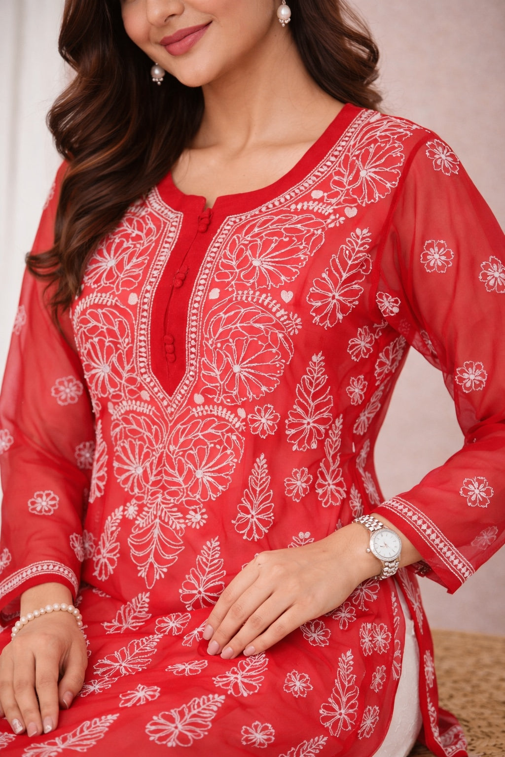 Karigiri Red Georgette Chikankari Kurti for Women_KF0171