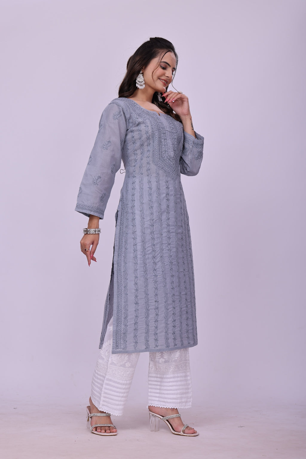Karigiri Grey Chikankari Cotton Kurti for Women_KF0210