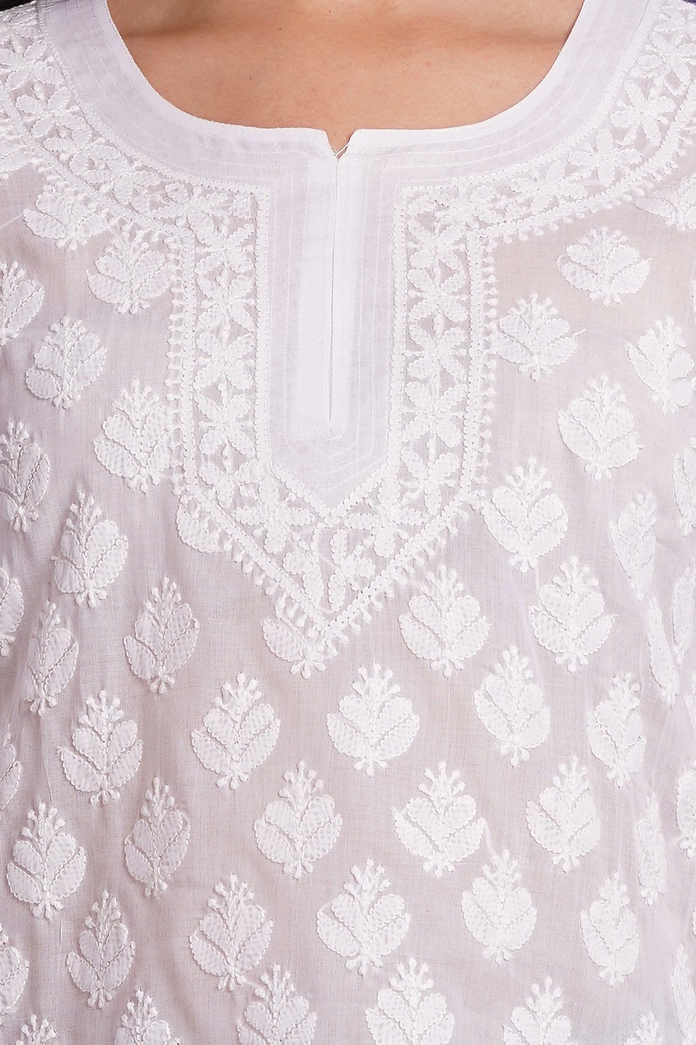 Karigiri White Lucknowi Chikankari Hand Embroidered Pure Cotton Straight Hip Length Short Kurti, 3/4 Sleeve