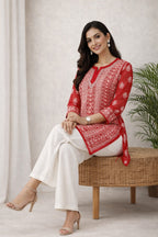 Karigiri Red Chikankari Georgette Short Kurti_KF0173