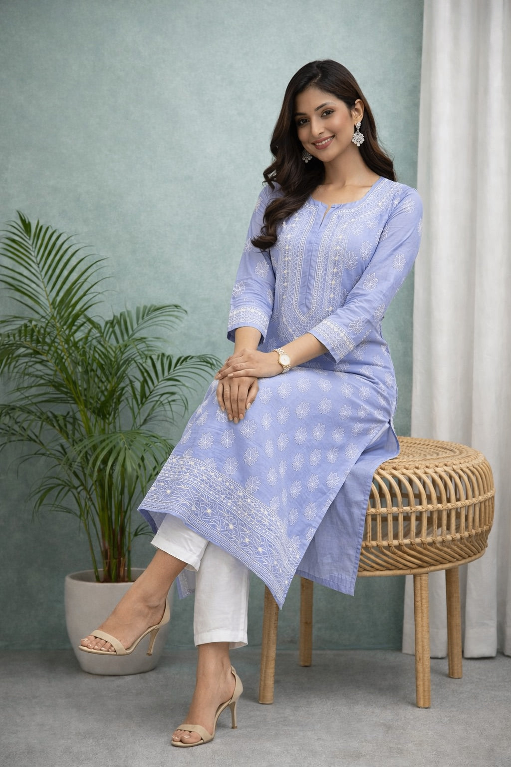 Karigiri Women’s Pure Soft Cotton Kurti, Lavender Blue with Lucknowi Chikankari Embroidery, Straight Fit, Round Neck, 3/4 Sleeves