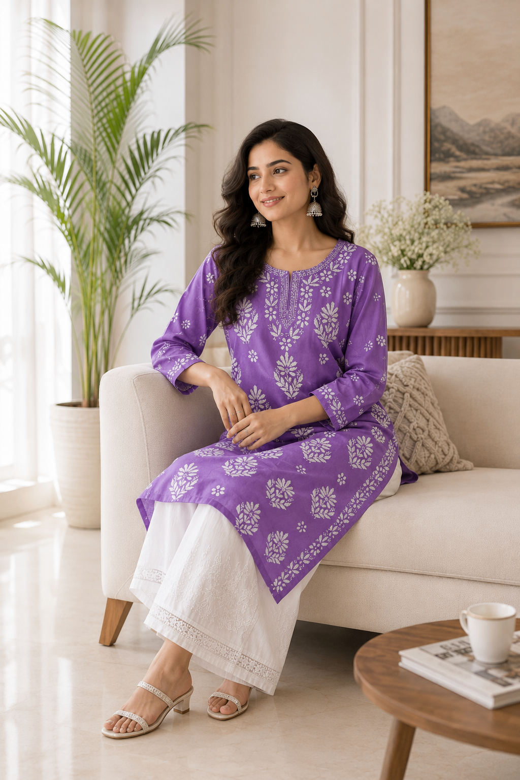 Karigiri Purple Chikankari Soft Mulmul Cotton Kurti_KF0161
