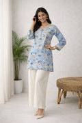 Karigiri Blue Floral Chikankari Cotton Short Kurti Women_KF0016