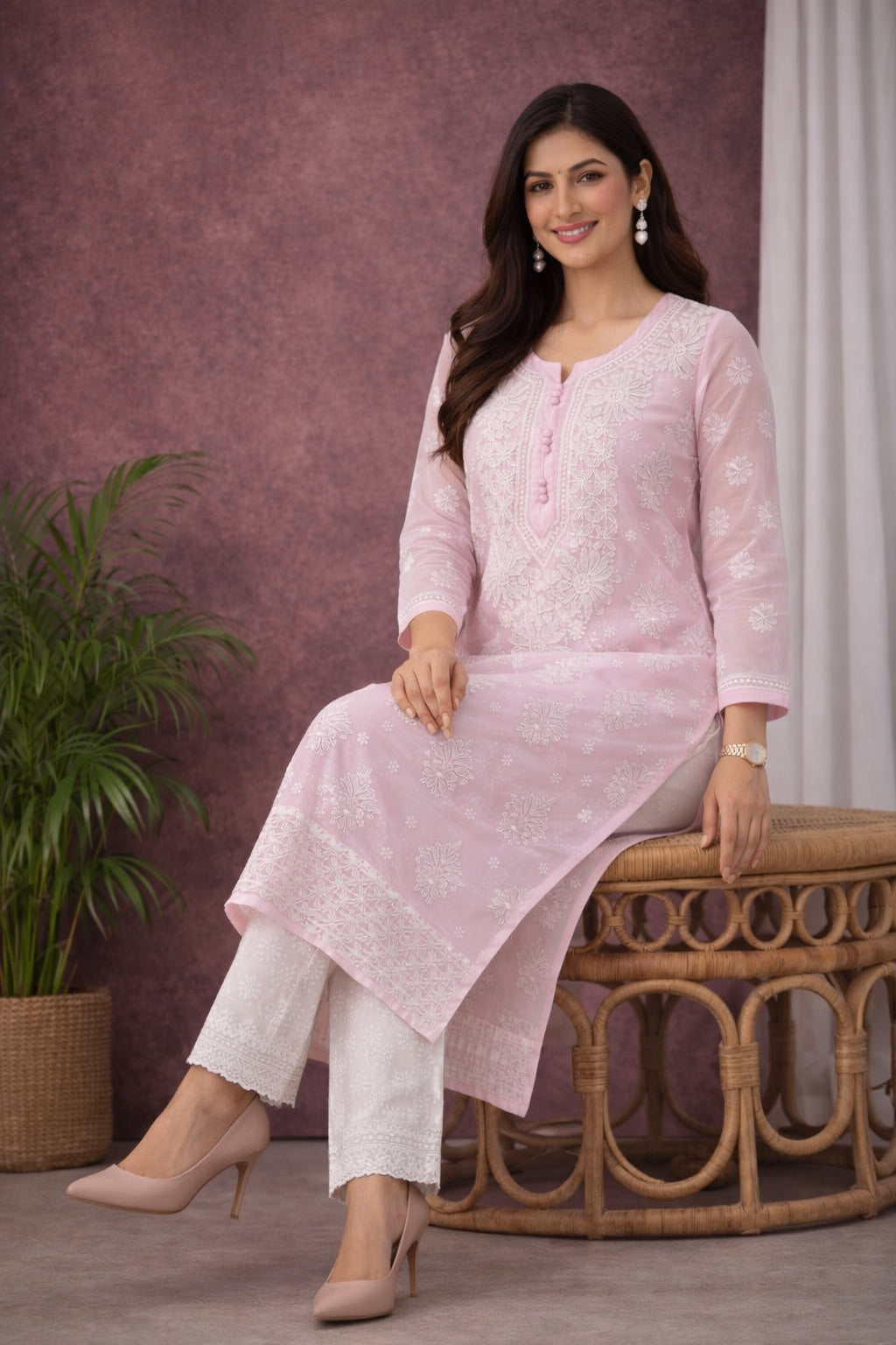 Karigiri Baby Pink Chikankari Georgette Kurti_KF0003