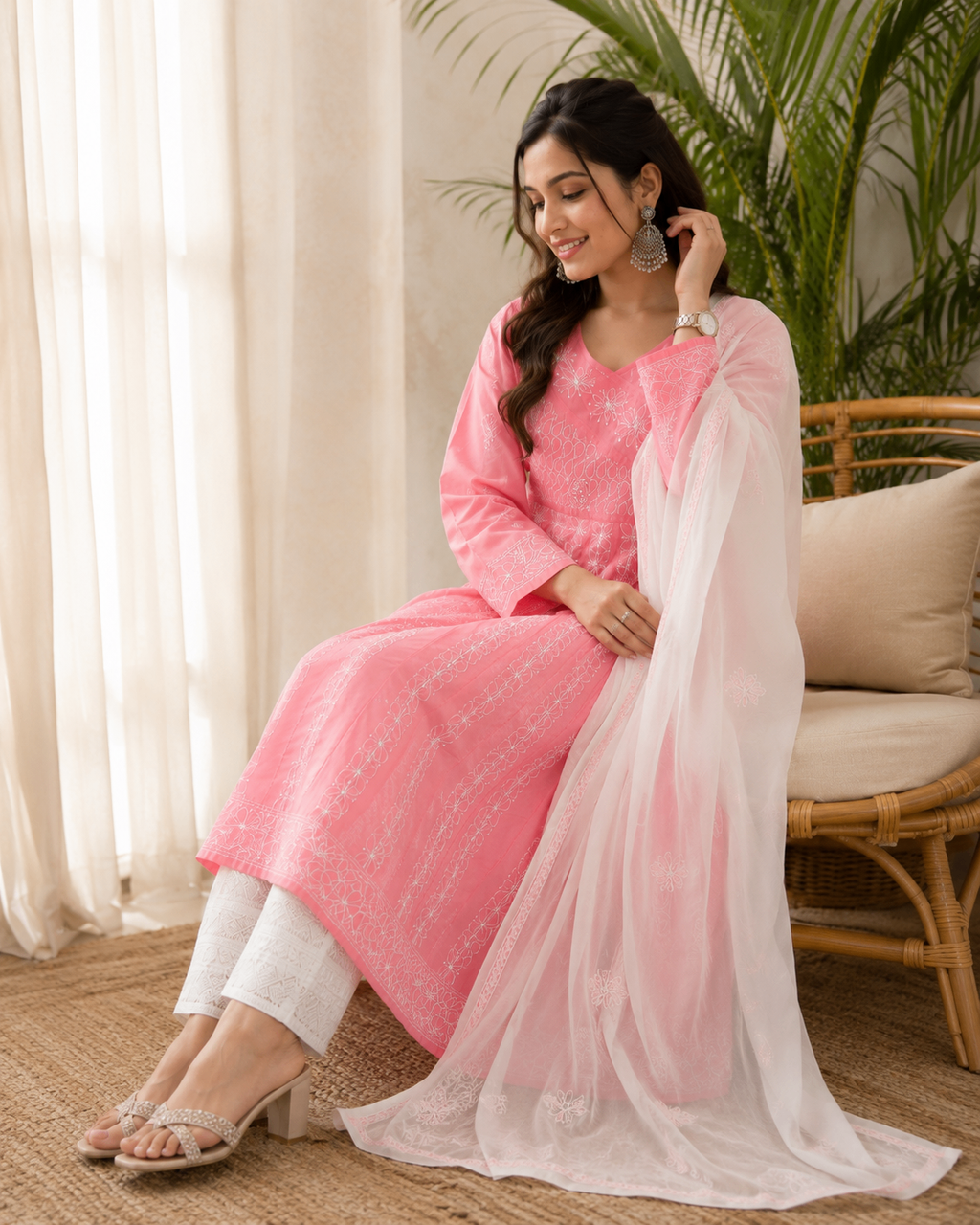 Karigiri Candy Pink Hand Embroidered Chikankari Cotton Anarkali Kurti