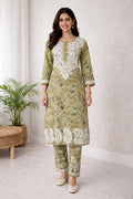 Karigiri Olive Green Chikankari Cotton Kurti Set_KF0138