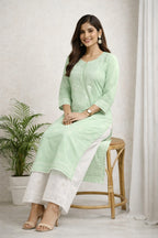 Karigiri Mint Green Chikankari Cotton Kurti_KF0054