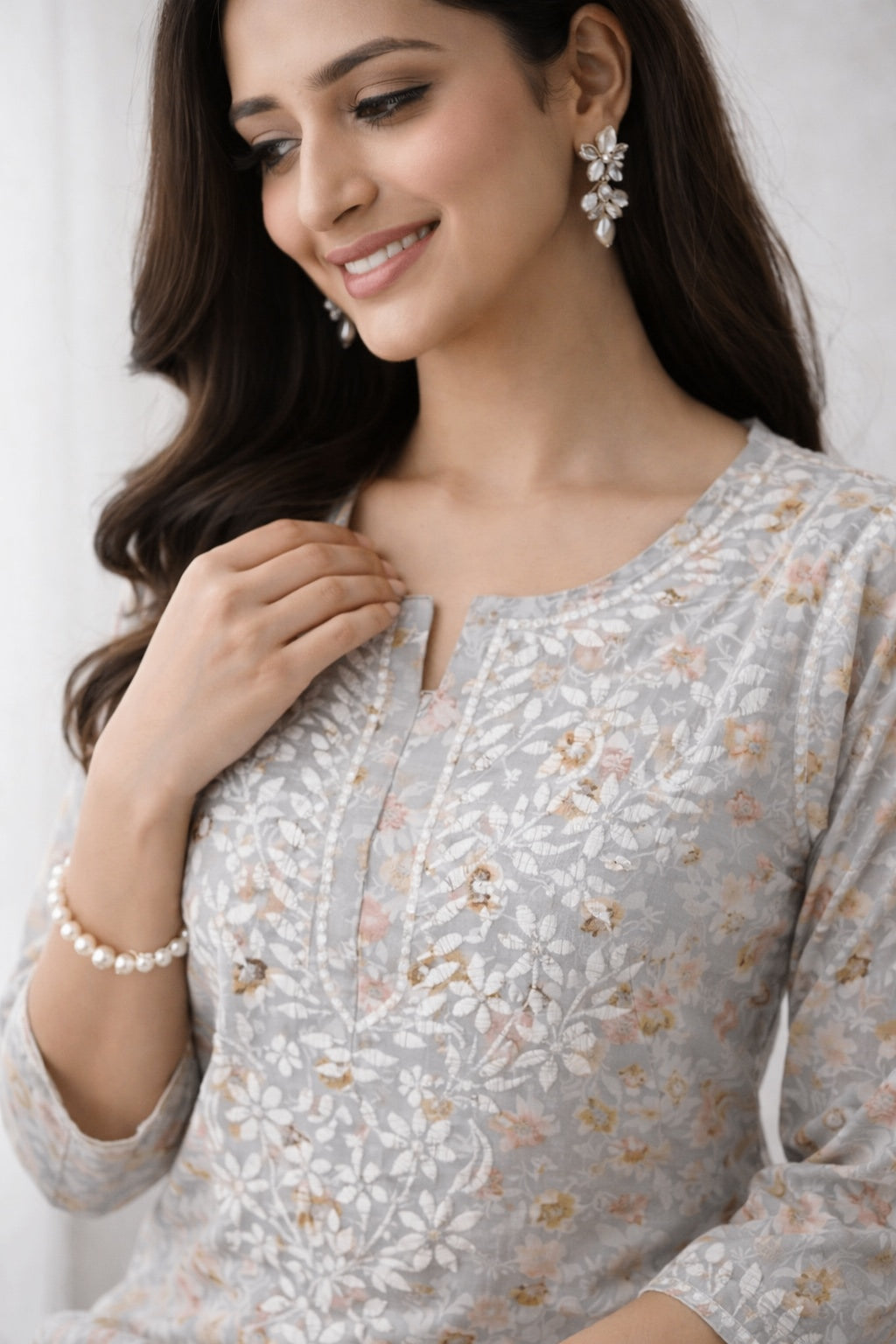 Karigiri Grey Chikankari Floral Printed Cotton Long Kurti_KF0039