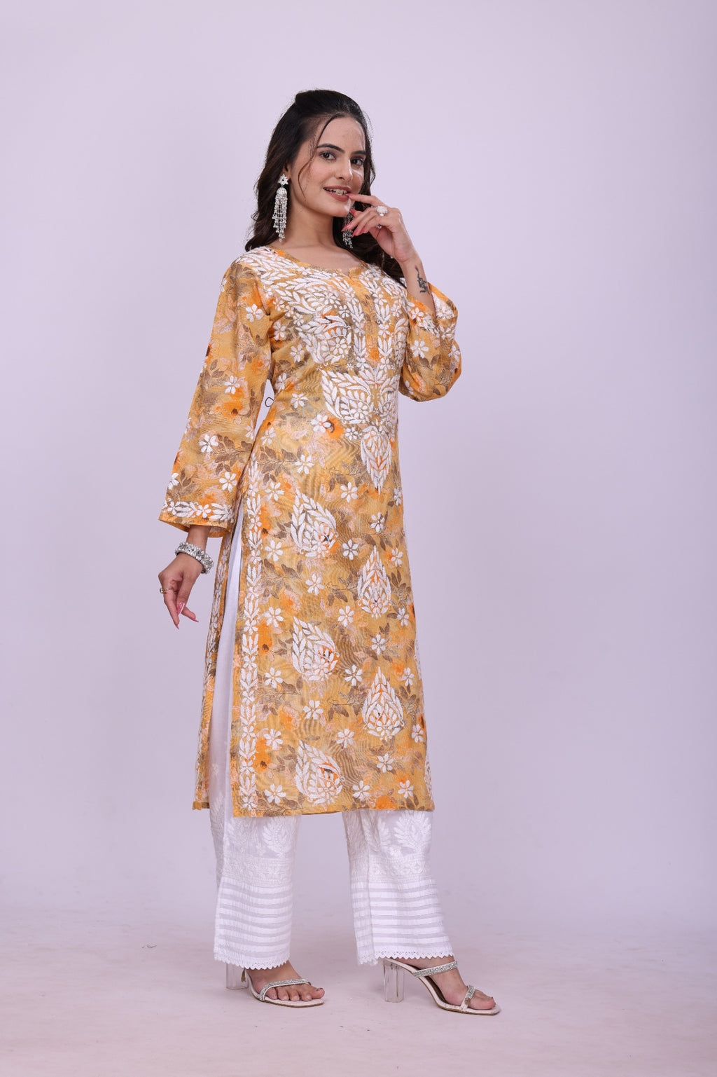 Karigiri Mustard Yellow Chikankari Printed Cotton Kurta_KF0220