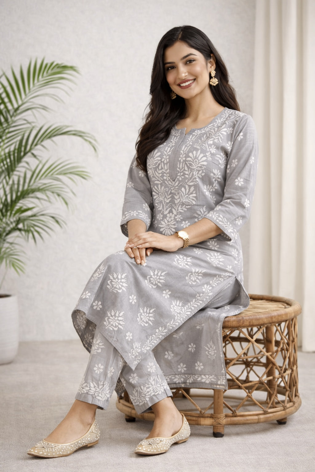 Karigiri Grey Floral Chikankari Kurti Set_KF0031