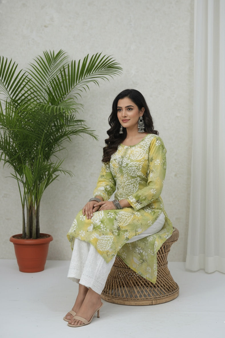 Karigiri Lime Green Lucknowi Chikankari Printed Cotton Kurta_KF0219