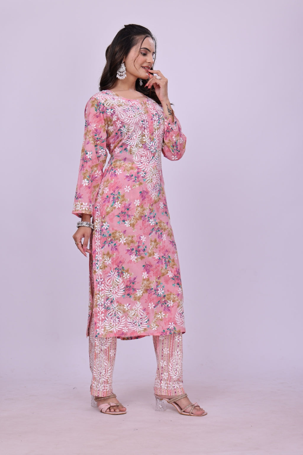 Karigiri Pink Floral Chikankari Cotton Kurti Set_KF0059