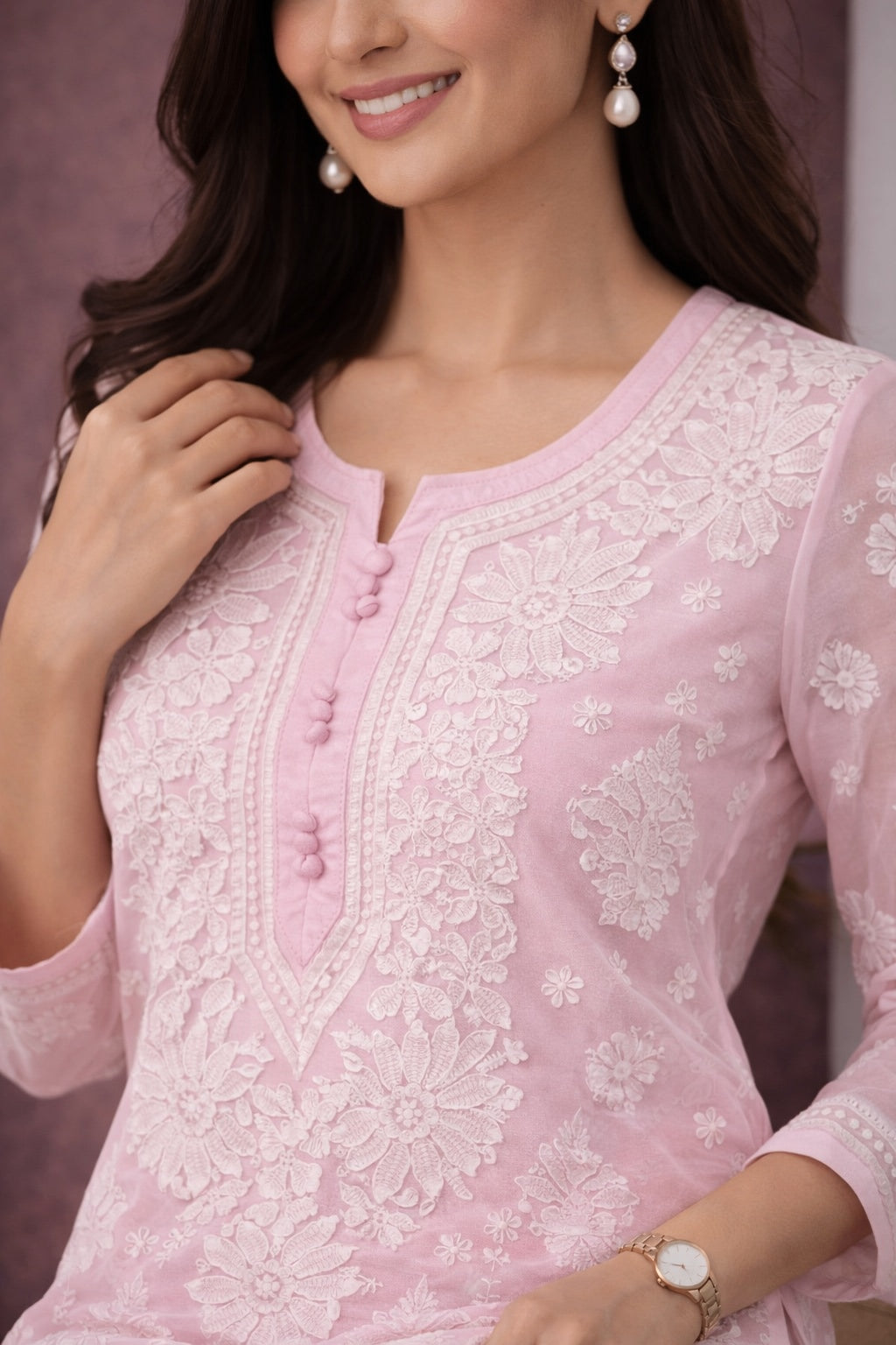 Karigiri Baby Pink Chikankari Georgette Kurti_KF0003