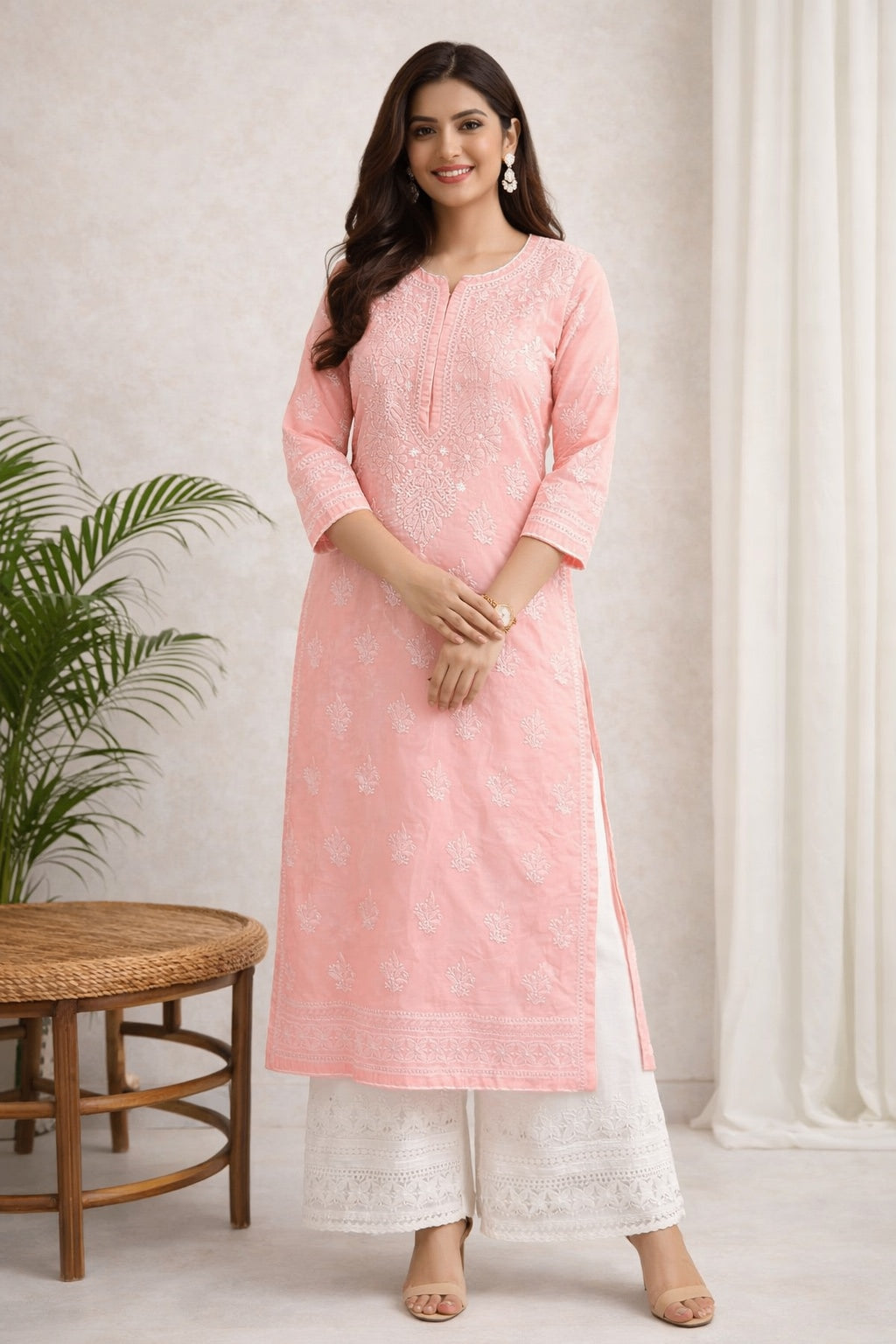 Karigiri Blush Pink Chikankari Cotton Kurti_KF0023