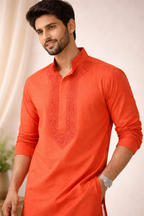Karigiri Men's Saffron Orange Chikankari Cotton Kurta_KF0168