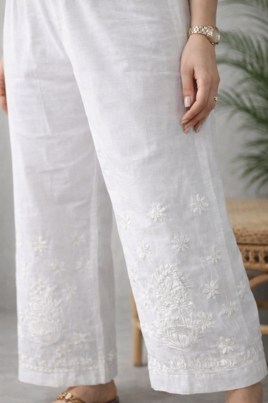 Karigiri White Chikankari Cotton Palazzo Pants_KF0208