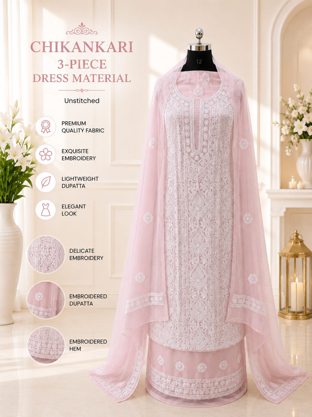 Karigiri Baby Pink Chikankari Georgette Unstitched Dress Material