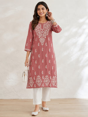 Karigiri Rose Pink Lucknowi Chikankari Hand Embroidered Soft Mulmul Cotton Straight Kurti for Women, 3/4 Sleeve, Calf Length Ethnic Wear_KFRP0416