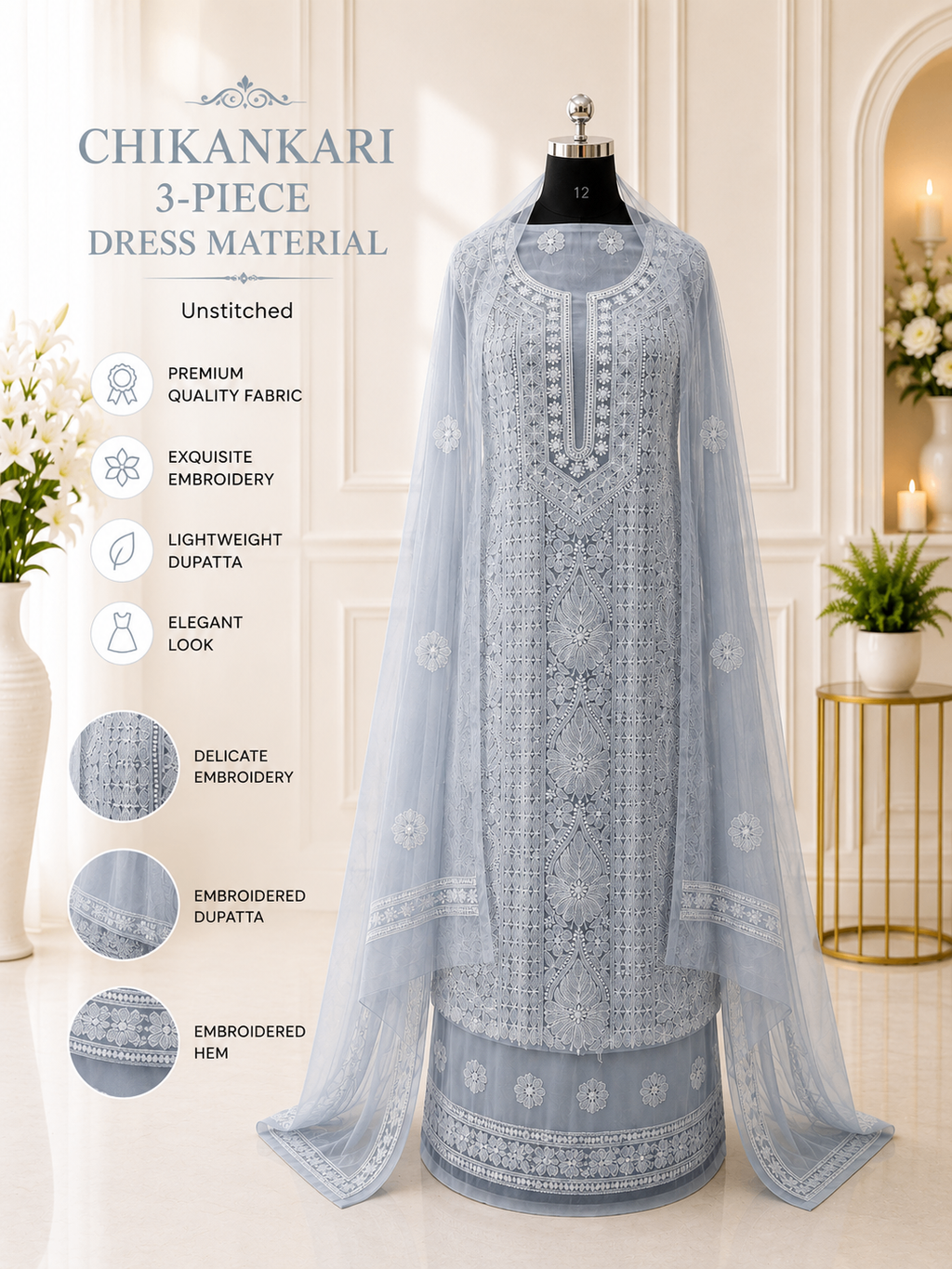 Karigiri Dusty Blue Chikankari Georgette Unstitched Dress Material