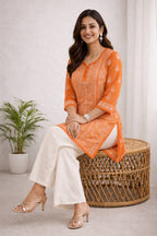Karigiri Orange Georgette Chikankari Short Kurti_KF0139