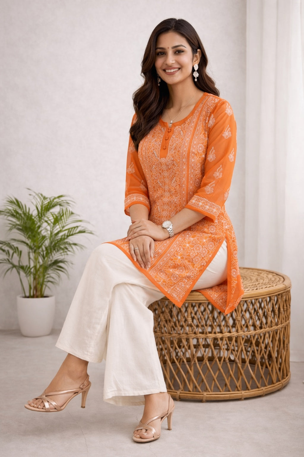 Karigiri Orange Georgette Chikankari Short Kurti_KF0139