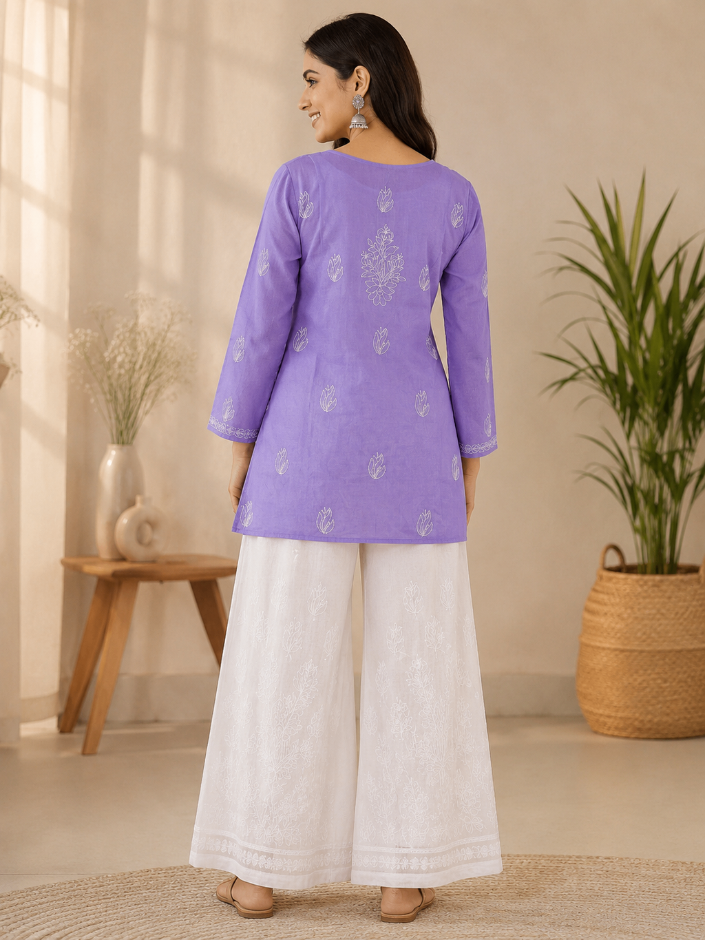 Karigiri Lavender Hand Embroidered Cotton Short Kurti_KF0301