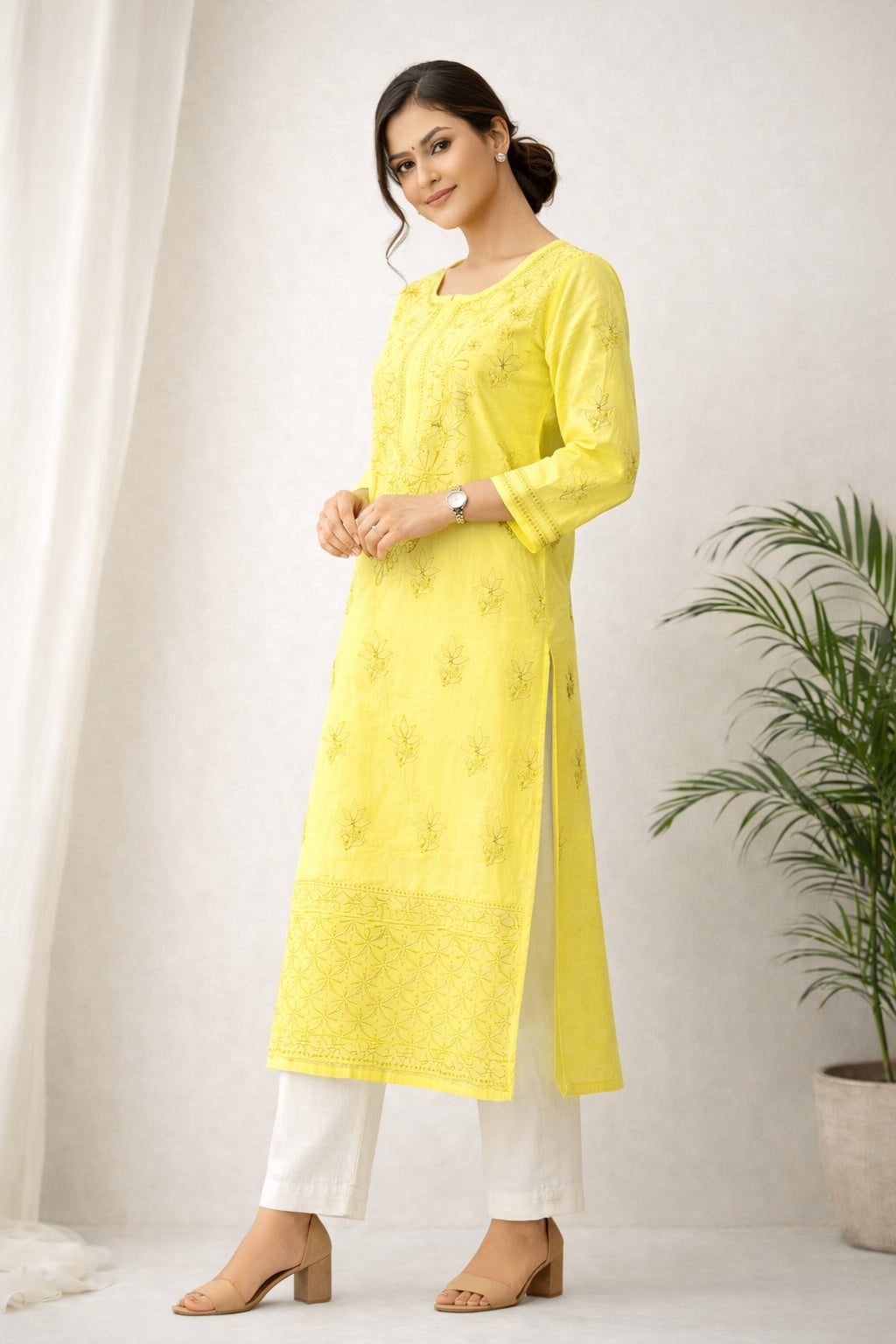 Karigiri Yellow Chikankari Cotton Kurti for Women_KF0095