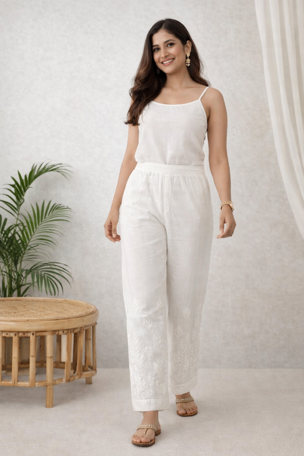 Karigiri White Chikankari Cotton Palazzo Pants_KF0206