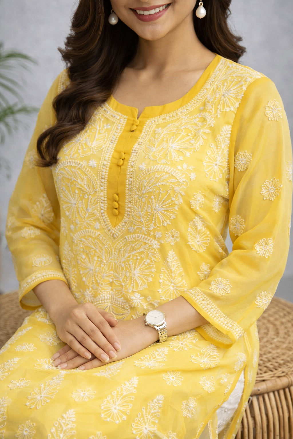 Karigiri Sunshine Yellow Georgette Chikankari Kurti Women_KF0056