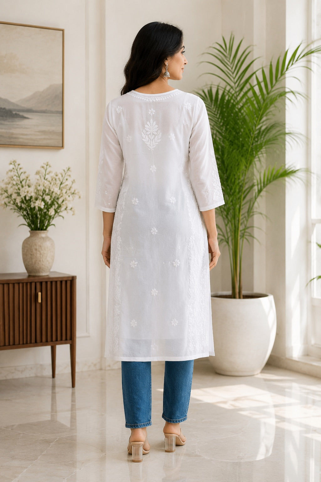 Karigiri White Lucknowi Chikankari Mulmul Cotton Kurti_KF0202