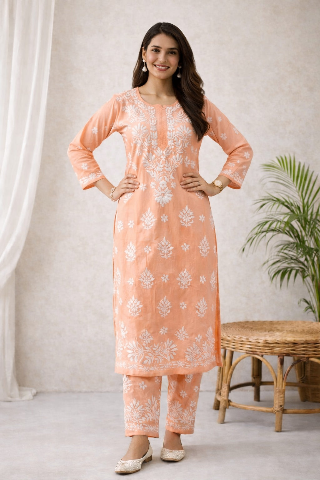 Karigiri Peach Floral Chikankari Mulmul Cotton Kurti Set_KF0142