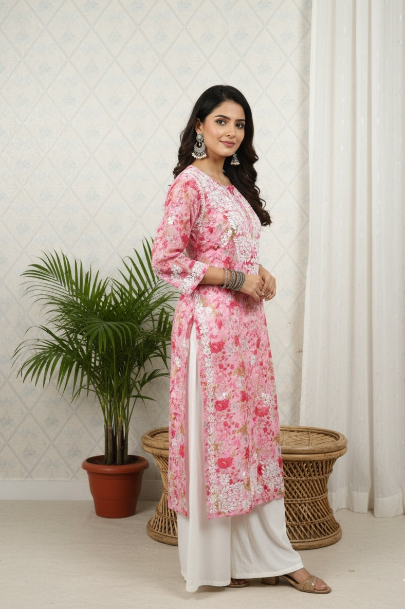 Karigiri Pink Floral Chikankari Printed Cotton Kurta_KF0218