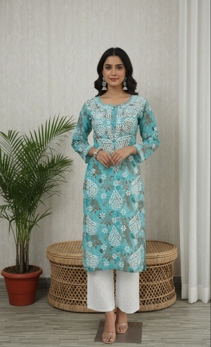 Karigiri Women's Turquoise Blue Lucknowi Chikankari Hand Embroidered Printed Cotton Kurta with White Floral Embroidery, Full Sleeve