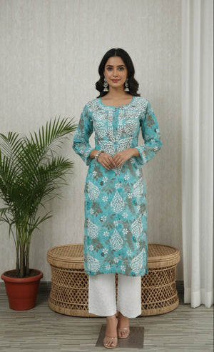 Karigiri Women's Turquoise Blue Lucknowi Chikankari Hand Embroidered Printed Cotton Kurta with White Floral Embroidery, Full Sleeve