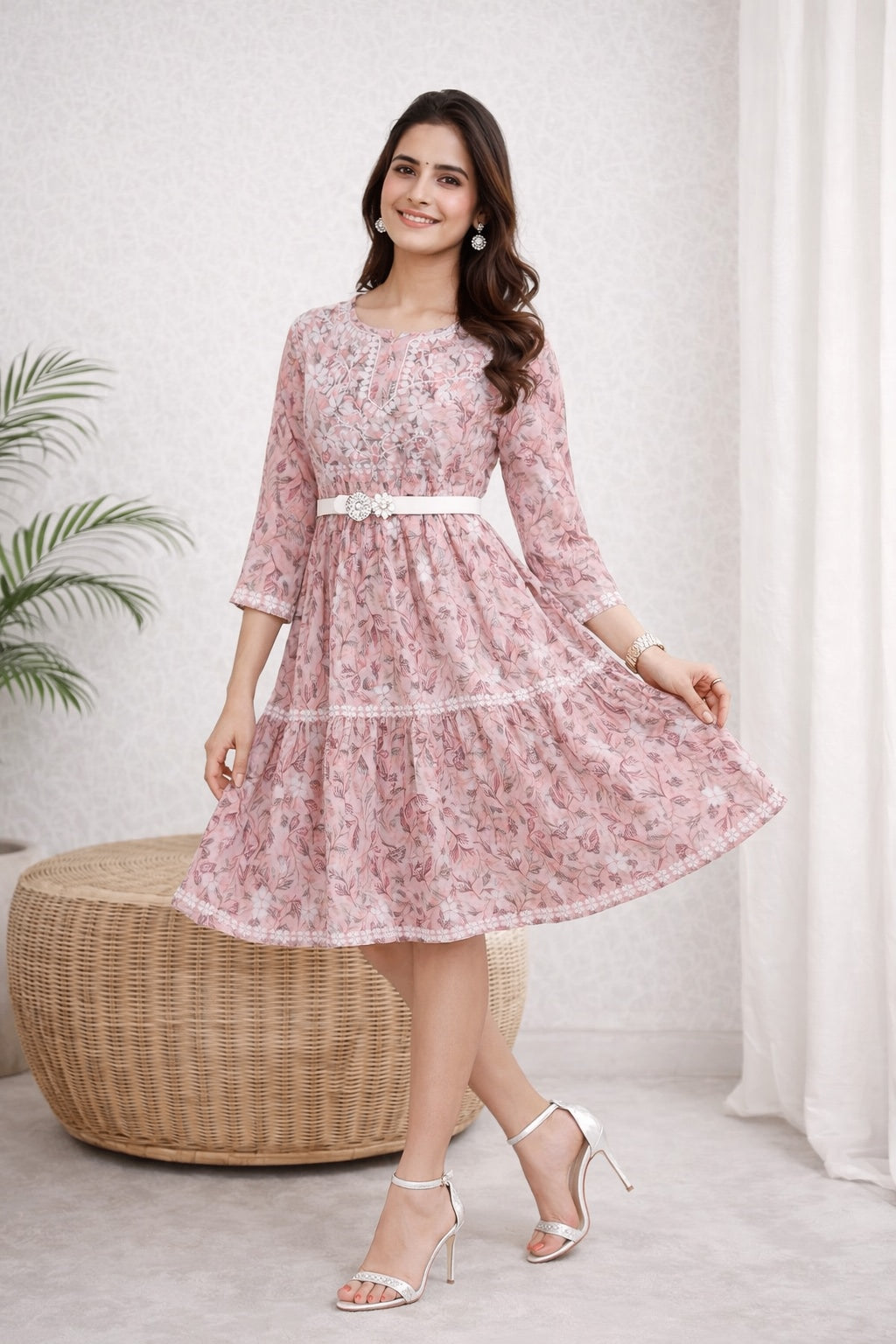 Karigiri Pink Lucknowi Chikankari Floral Printed Cotton Kurti_KF0212