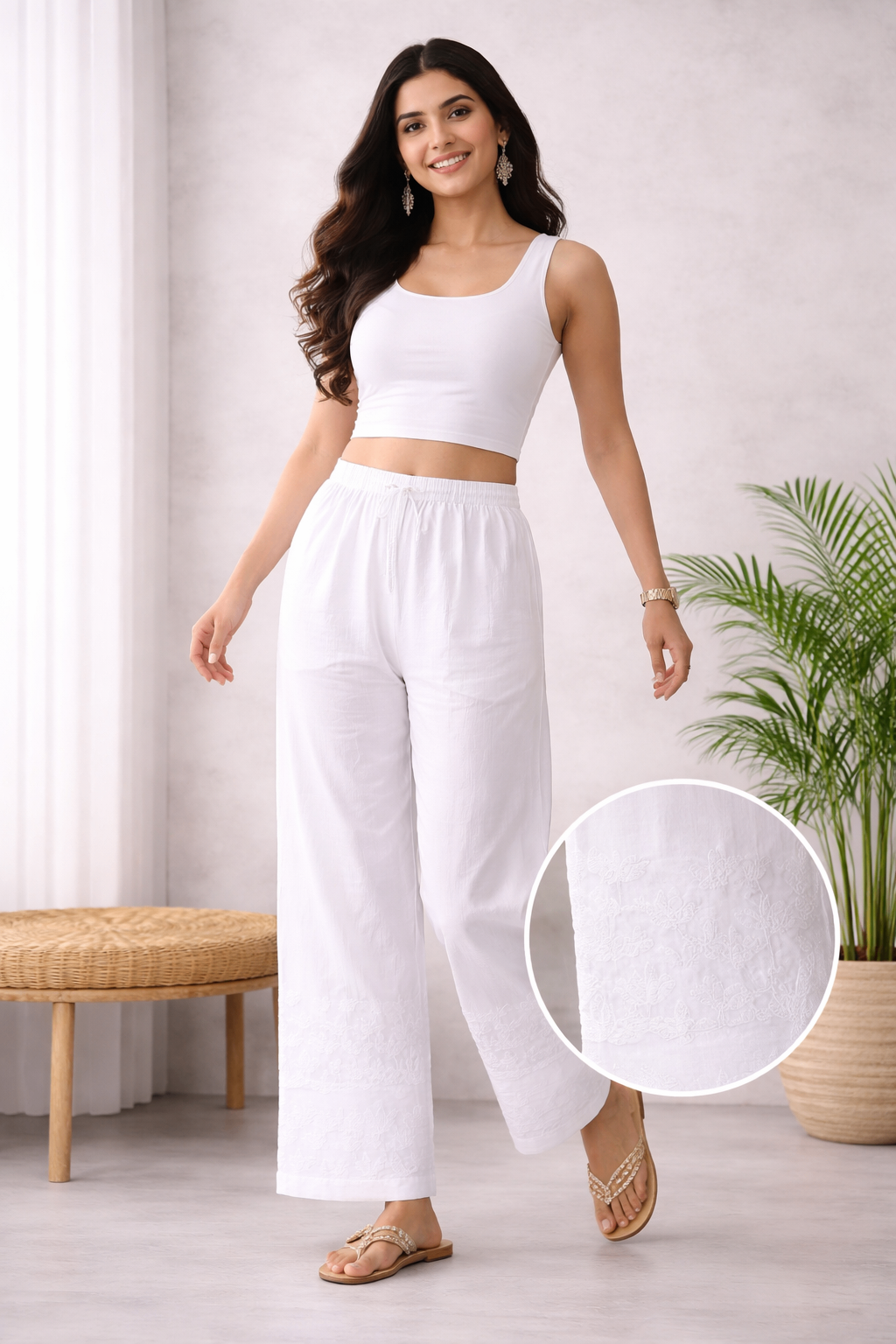 Karigiri White Chikankari Cotton Palazzo Pants_KF0199