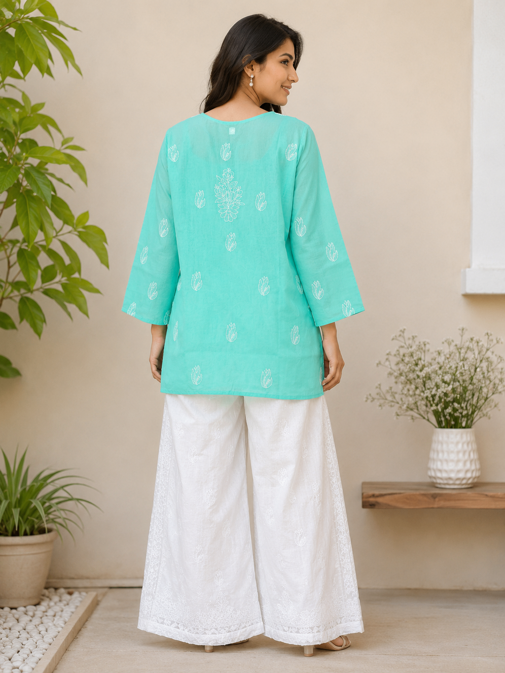 Karigiri Mint Green Hand Embroidered Chikankari Cotton Short Kurti_KF0303