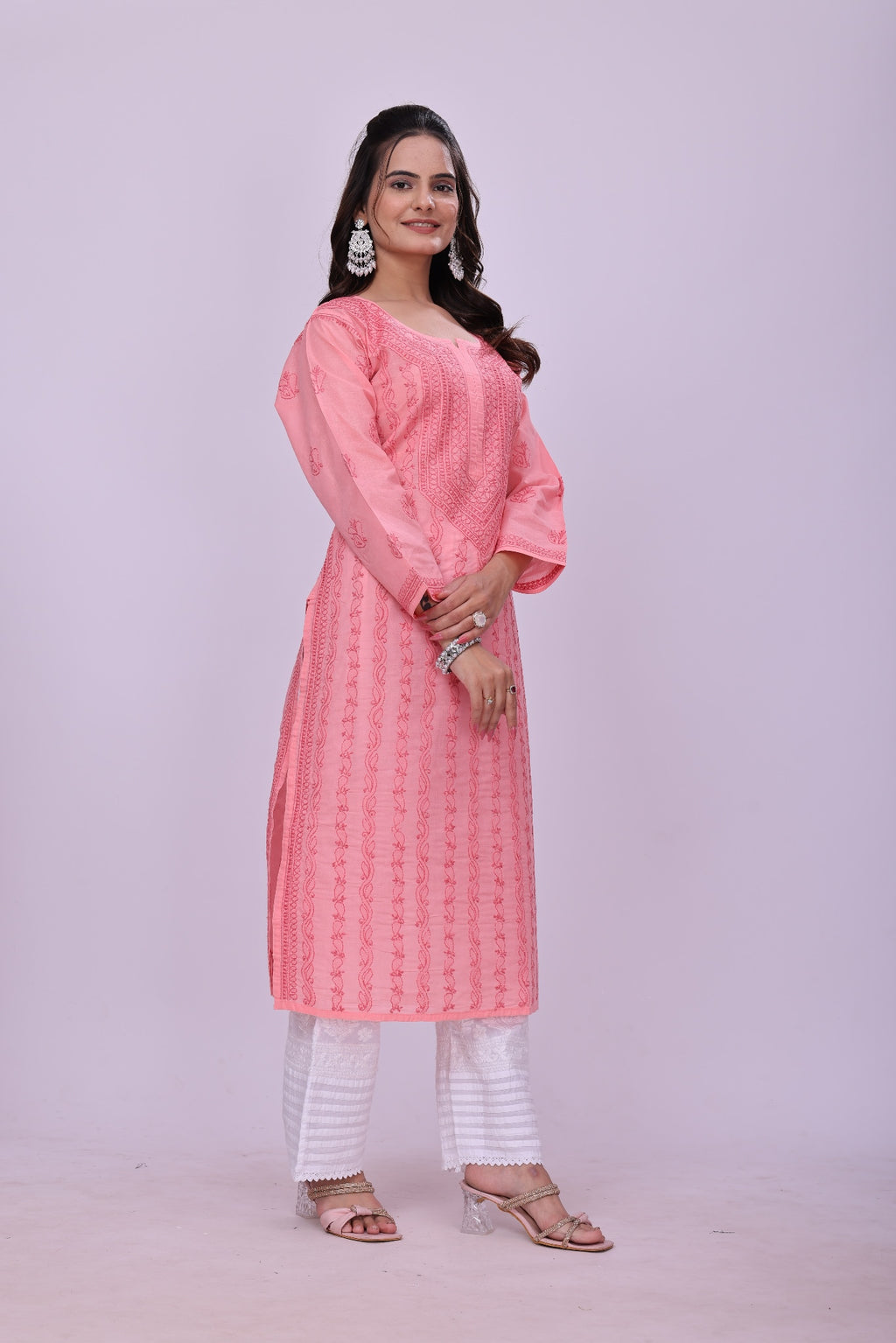Karigiri Peach Pink Chikankari Cotton Kurti_KF0121