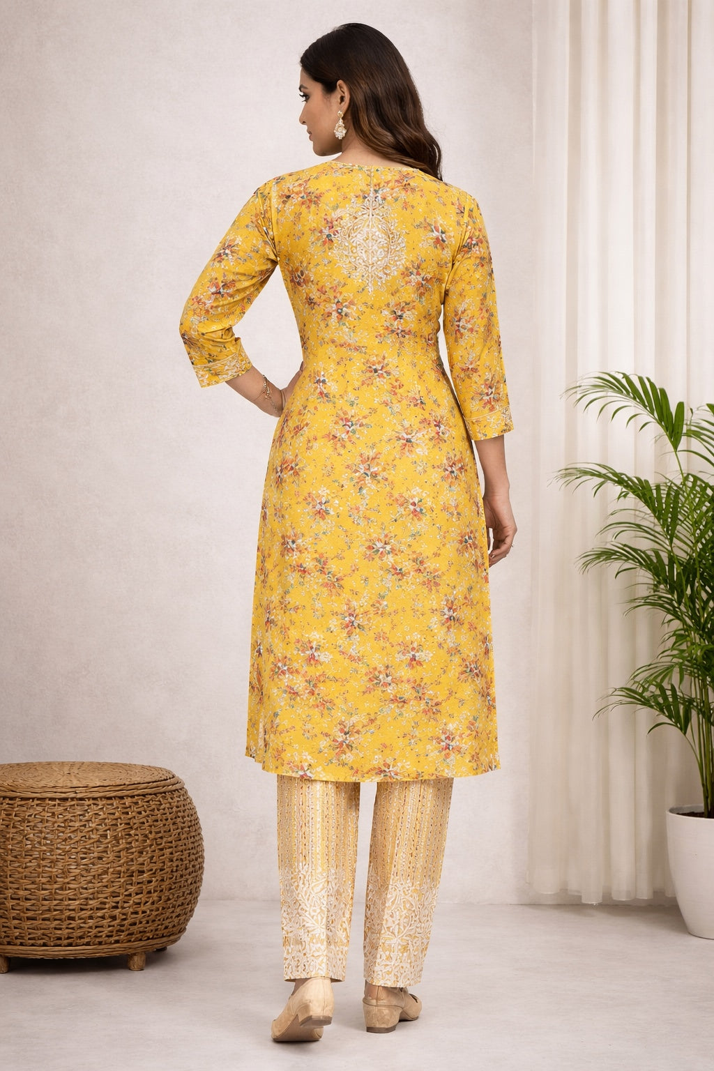 Karigiri Yellow Chikankari Printed Cotton Kurti Set_KF0185
