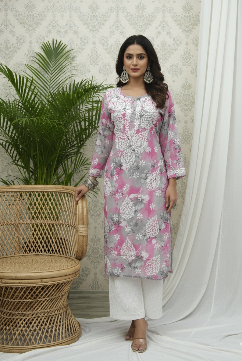 Karigiri Women's Pink and Grey Mix Color Lucknowi Chikankari Hand Embroidered Printed Cotton Kurta, Full Sleeve, Traditional Ethnic Wear