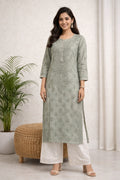 Karigiri Sage Green Chikankari Rayon Cotton Kurti_KF0099