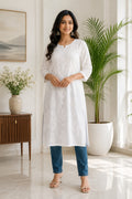 Karigiri White Lucknowi Chikankari Mulmul Cotton Kurti_KF0202