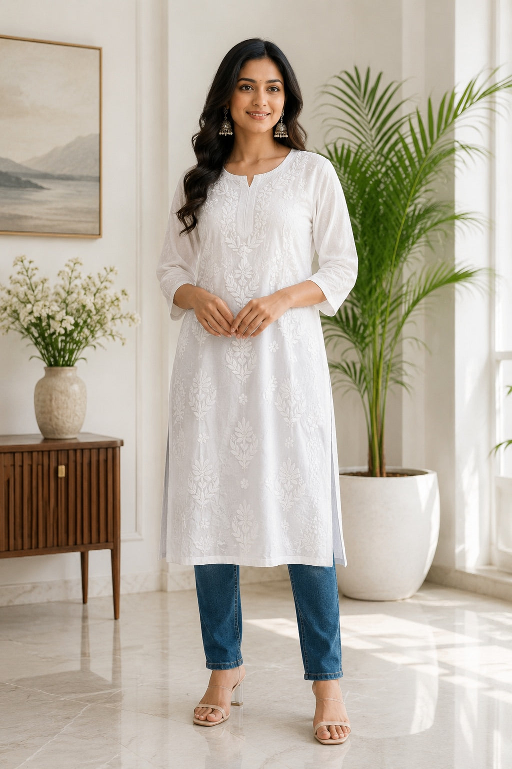 Karigiri White Lucknowi Chikankari Mulmul Cotton Kurti_KF0202