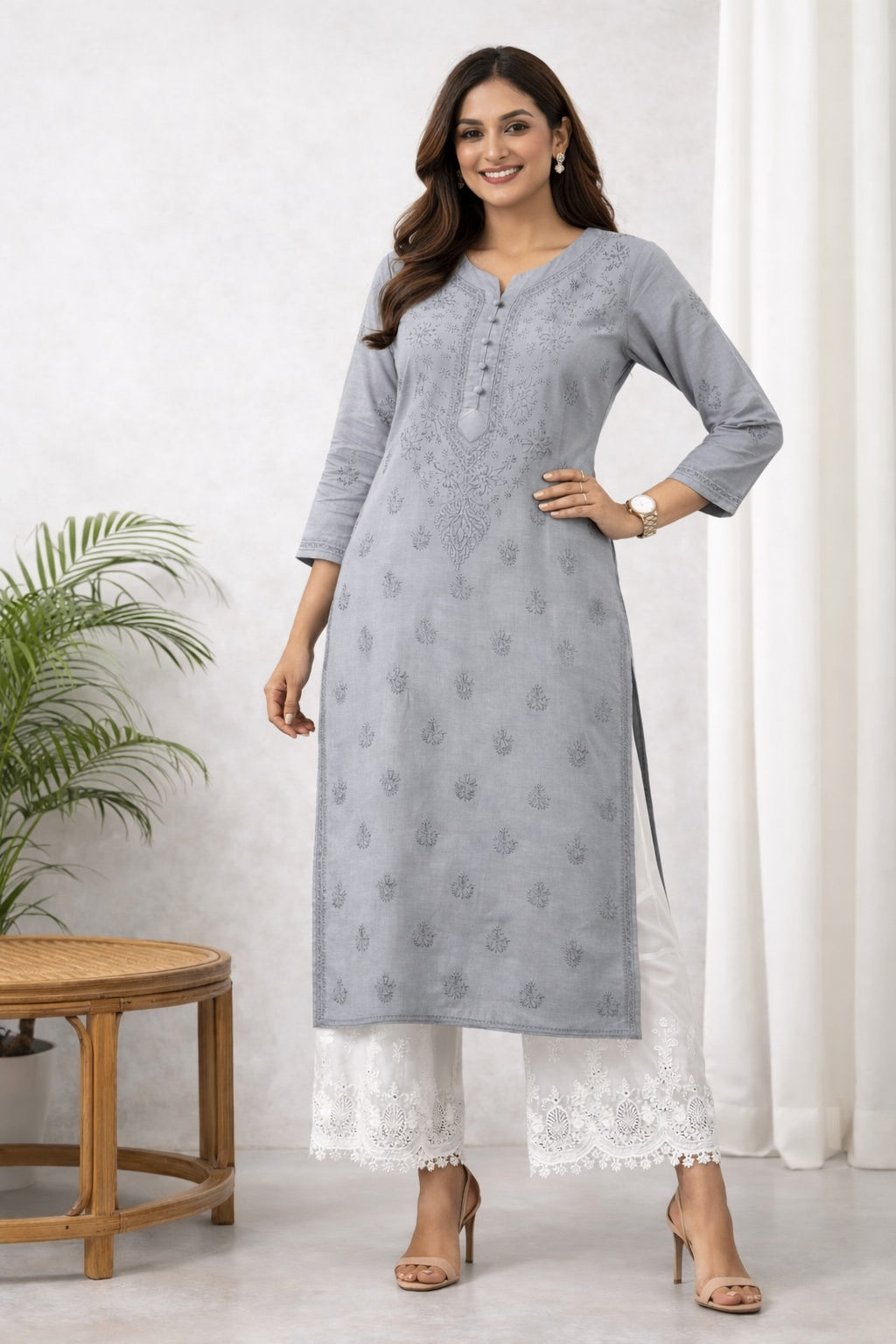 Karigiri Slate Grey Chikankari Cotton Kurti Women_KF0084