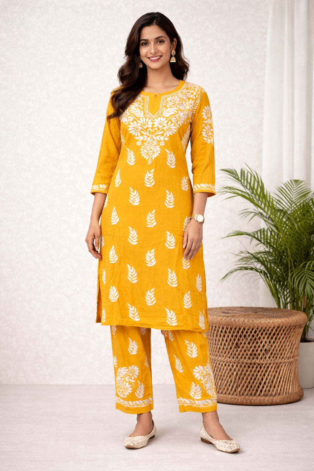 Karigiri Mustard Floral Chikankari Mulmul Cotton Kurti Set_KF0065