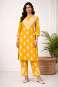 Karigiri Mustard Floral Chikankari Mulmul Cotton Kurti Set_KF0065