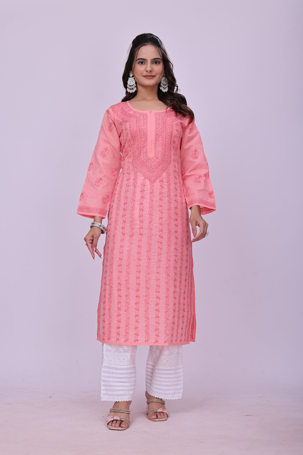 Karigiri Peach Pink Chikankari Cotton Kurti_KF0121
